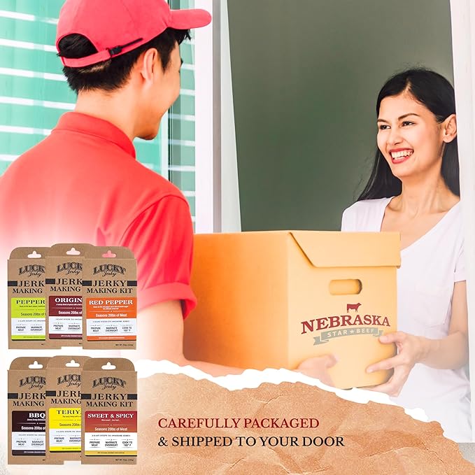 Lucky Beef Jerky DIY Jerky Seasoning and Cure Kits - Variety Pack with Six Flavors | Make Your Own with Sweet and Spicy Peppered Red Pepper Teriyaki BBQ and Original- Season 120lbs of Meat