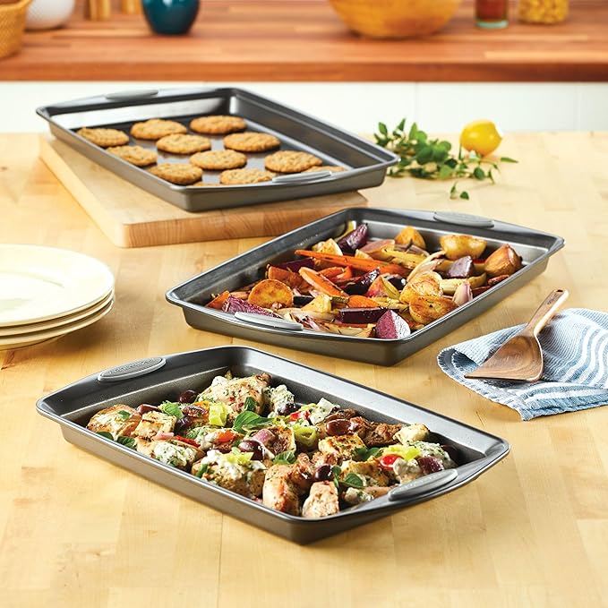 Rachael Ray Nonstick Bakeware Set with Grips Nonstick Cookie Sheets / Baking Sheets - 3 Piece Gray with Sea Salt Gray Grips