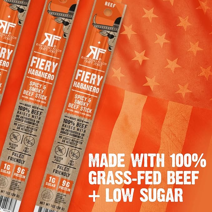 Righteous Felon Meat Sticks | 100% Grass Fed Beef | 9g Protein per Stick | Keto Gluten-Free Low Sugar High Protein Snack Sticks | Individually Wrapped | Fiery Habanero Beef Sticks 10 Count