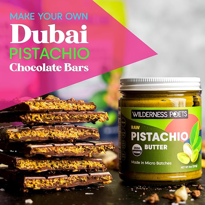 Wilderness Poets Pistachio Butter - Organic Raw 100% Pistachio (64 Ounce - 4 Pound) - Half Gallon Glass Jar - Perfect for Dubai Chocolate Bar Desserts with Kataifi or Savory Creations - Unsweetened