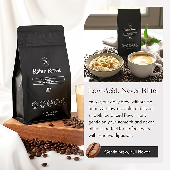 RAHM ROAST Mold-Free Organic Coffee Whole Bean Medium Roast Lab-Tested Mycotoxin-Free Low Acid Guatemalan Specialty Coffee for Purity 12oz Bag