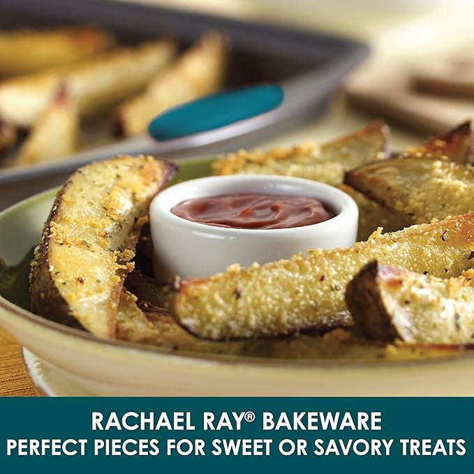 Rachael Ray Bakeware Nonstick Cookie Pan Set 3-Piece Gray with Marine Blue Grips