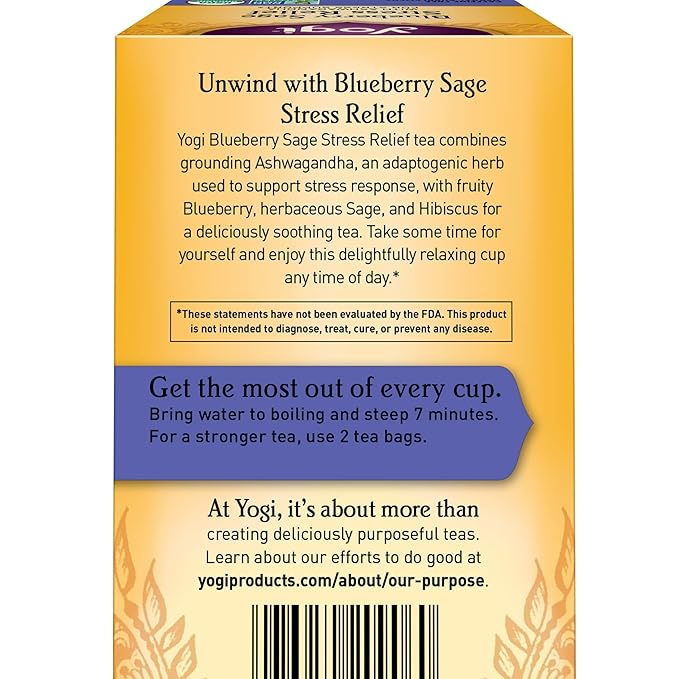 Yogi Tea Blueberry Sage Stress Relief - 16 Tea Bags per Pack (6 Packs) - Relaxing Calming Tea to Support Stress Response - Includes Ashwagandha Blueberry Sage Hibiscus &amp More