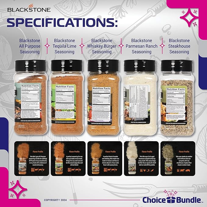 Blackstone Whiskey Burger Steakhouse Tequila Lime All Purpose Parmesan Ranch Premium Barbecue Griddle Seasoning Rub 5 Pk (38.9 oz) + BBQ Masters &amp Opener (7 Items)!