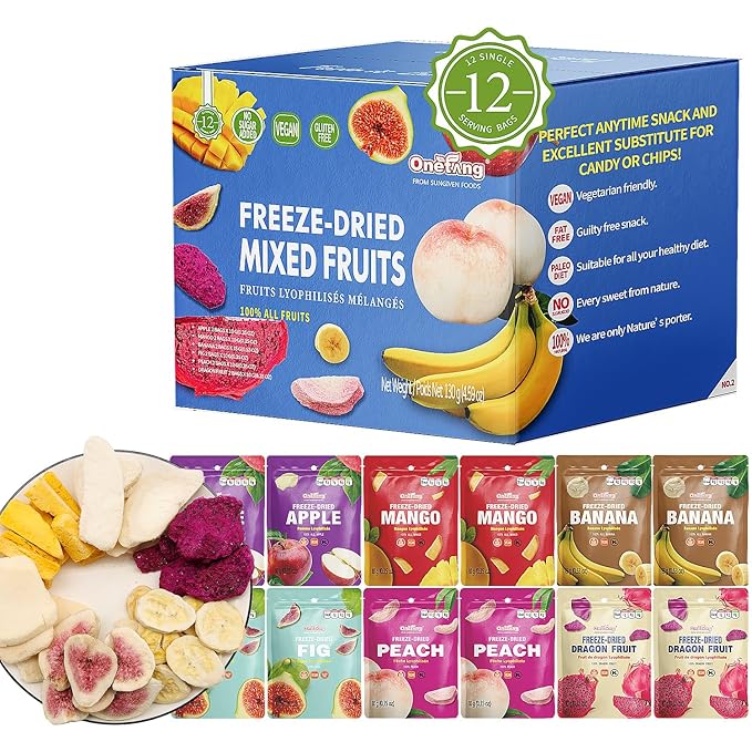 ONETANG Freeze-Dried Mixed Fruit 12 Pack Single-Serve Pack Non GMO Kosher No Add Sugar Gluten free Vegan Holiday Gifts Healthy Snack Blue Box 0.35 Ounce