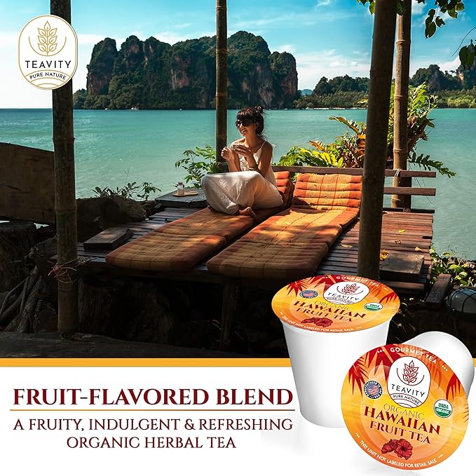 Organic Hibiscus Sabdariffa Tea Pods with Peach Mango &amp Passionfruit - Naturally Decaf Tea - Hawaiian Fruit Tea by Teavity (24 Tea Pods)