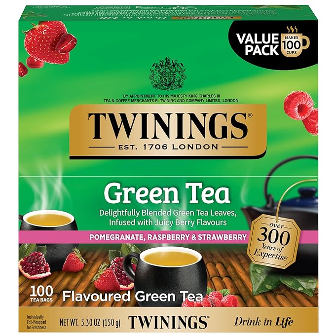 Twinings Green Tea with Pomegranate Raspberry &amp Strawberry Individually Wrapped Bags 100 Count (Pack of 1) Caffeinated Enjoy Hot or Iced 100 Teabags