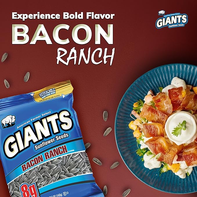 Giants Bacon Ranch Sunflower Seeds Bulk - Flavored Sunflower Seed Snack Roasted Sunflower Seeds to Eat - 5 oz Resealable Bags (Pack of 12)