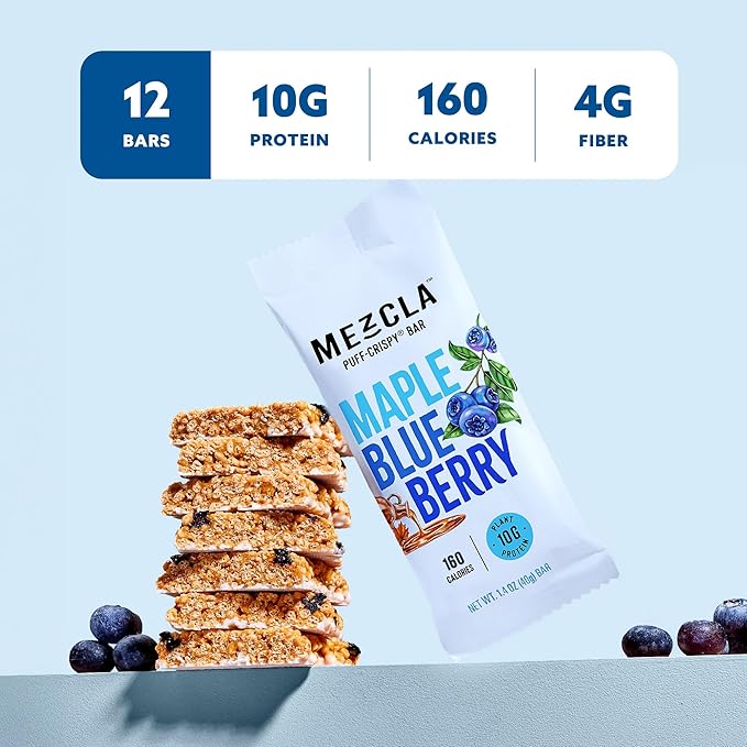 Mezcla Puff-Crispy Plant Based Protein Bars - Maple Blueberry - Healthy Snacks for Adults &amp Kids - Granola Bars for School Travel Office Snacks - Gluten Free Vegan Non GMO 10g Protein - 12 Co