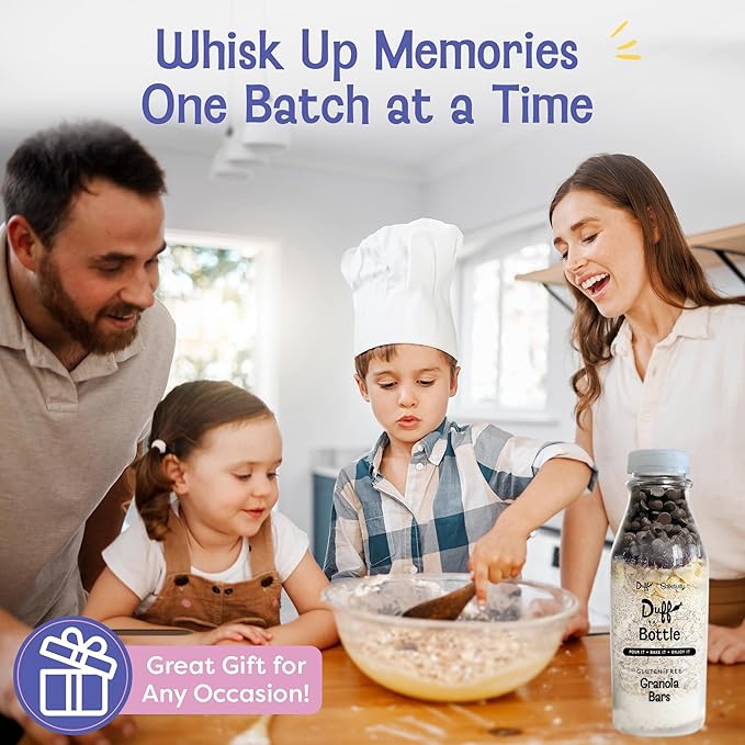 Baketivity Chocolate Chip Cookie Mix + Granola Bar Mix - Duff in a Bottle Baking Kit for Kids and Adults Granola Mix and Cookie Mix for Baking with Premeasured Ingredients Step-By-Step Instructions