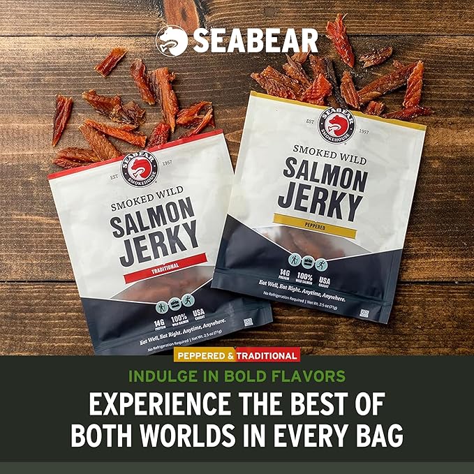 SeaBear Variety Traditional + Peppered Wild King Salmon Jerky 2-Pack Smoked Salmon Jerky Wild Caught Alaskan Salmon High-Protein Snack Cold Smoked &amp Ready to Eat Classic Smokehouse Flavor 2.5
