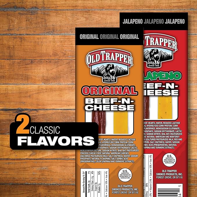 Old Trapper Beef-N-Cheese Original 1.3-Ounce Individual Package Savory Beef Stick and American Cheese Snack Pack Great Snack for Lunch Boxes or Between Meals (Pack of 14)