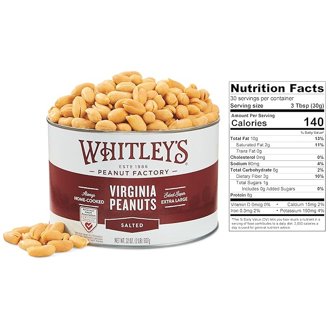 Whitley’s Salted Virginia Peanuts – Super Extra Large 'Home Cooked' Virginia Peanuts (32 Ounce Tin)