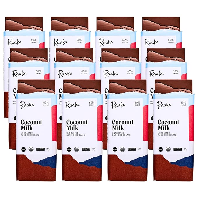 Raaka Coconut Milk 60% Dark Chocolate | Gourmet Plant-Based Dark Chocolate | Organic Vegan Dairy Free Transparent Trade Soy Free Gluten Free Kosher | 1.8oz Bars 12-Pack