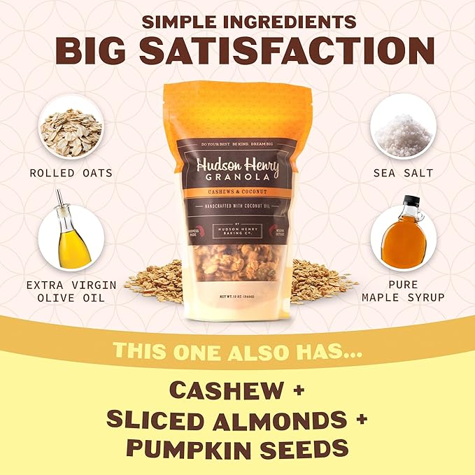 Hudson Henry Cashew Coconut Granola for Yogurt Snacking &amp Cereal | Gluten Free with Nuts and Seeds | Cashew Granola Non-GMO Small Batch Baked | 3 x 12 oz Bags