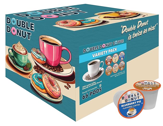 Double Donut Coffee Variety Pack Assorted Medium Roast Dark Roast &amp Flavored Coffee in Recyclable Single Serve Cup 66 Count