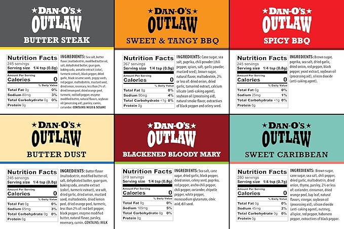 Dan-O's Outlaw Seasoning 6 Bottle Set- Butter Dust Butter Steak Spicy BBQ Sweet Caribbean Sweet &amp Tangy BBQ and Blackened Bloody Mary Seasoning