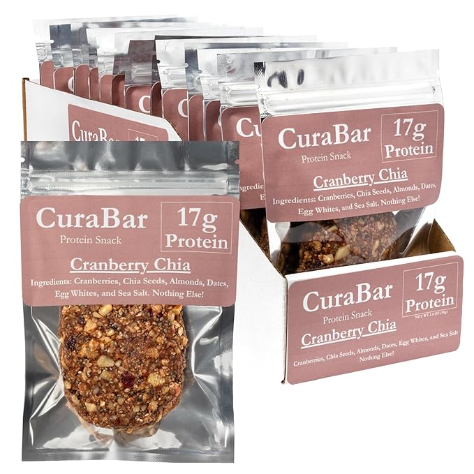 CuraBar Protein Bars – 17g Protein Low Carb Gluten Free Dairy Free Healthy Snack Seed Oil Free No Artificial Ingredients 12 Count Cranberry Chia
