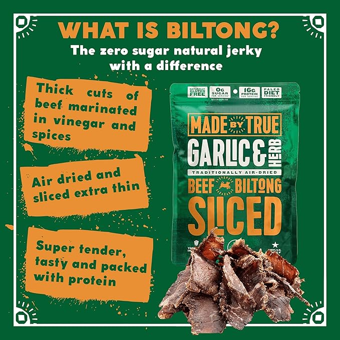 Made by True Beef Sliced Bites Garlic &amp Herb (8 Ounce Pack of 1) - All Natural Zero-Sugar True Jerky Biltong - High Protein Keto Paleo &amp Whole 30 Diet - Sugar-Free Gluten-Free Carb-Free