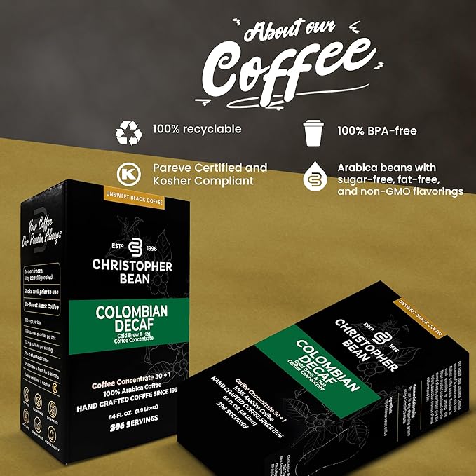 Christopher Bean Coffee - 396 servings 30 to 1 Blend Bag in Box Liquid Instant Coffee or Cold Brew Coffee Concentrate - Hot or Iced Coffee - Decaf Colombian