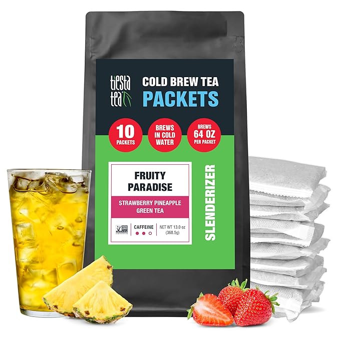 Tiesta Tea - Fruity Paradise Cold Brew Loose Leaf Strawberry Pineapple Green Tea Medium Caffeinated Cold Brew Packets Makes 64 oz of Pitcher Per Bag (Pack of 10)