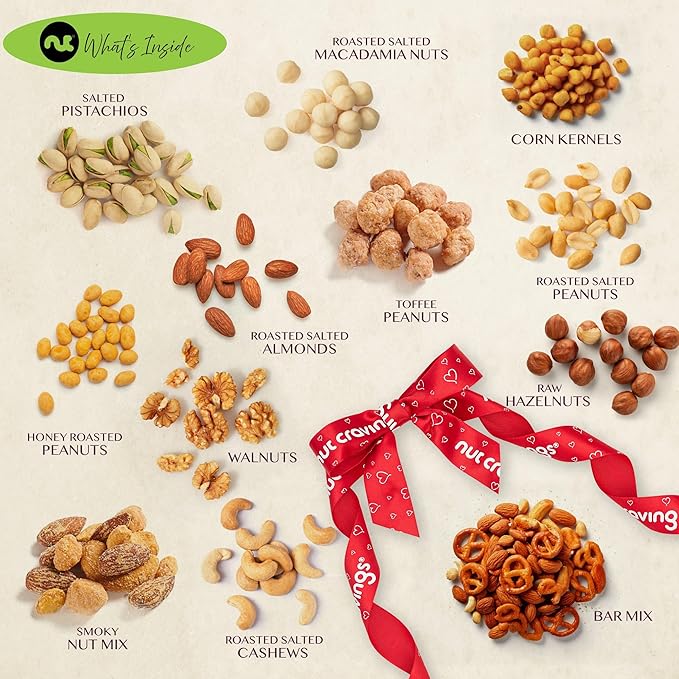 NUT CRAVINGS - Easter Mixed Nuts Gift Basket in Reusable Wooden Tray + Heart Ribbon (12 Assortments) Ramadan Gifts Treats for Adults Food Arrangement Healthy Snack Care Package Kosher