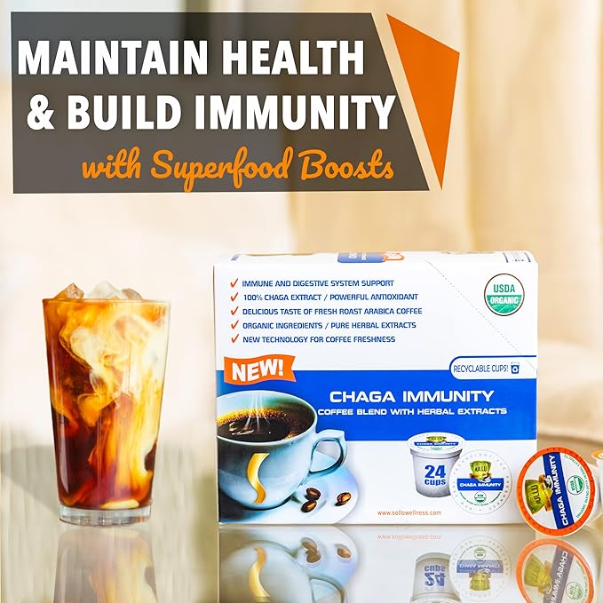 SOLLO Chaga Mushroom Infused Coffee Pods Boost Focus &amp Immunity Memory &amp Clarity Medium Roast Compatible With 2.0 K-Cup Keurig Brewers Organic by USDA No After Taste 24 Ct