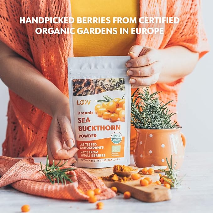 LOOV Organic Sea Buckthorn Berry Powder High in Fiber Omegas Vitamin C Vitamin E Made from Whole Berries 4 Oz Grown in Nordic Climate 23-Day Supply No Added Sugar Non-GMO