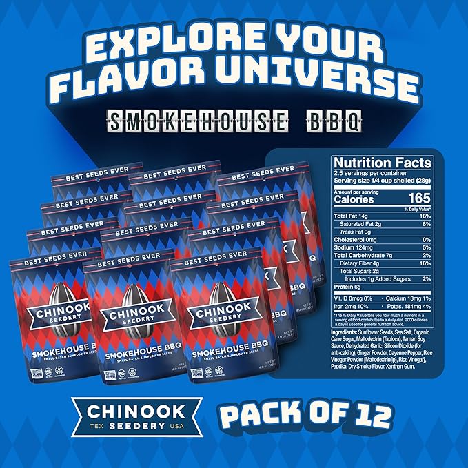 Chinook Seedery Sunflower Seeds to Eat — Jumbo Flavored Roasted Low Sodium Snacks — Keto Friendly Gluten-Free Non-GMO — Smokehouse BBQ Flavor 4 oz (12-Pack)