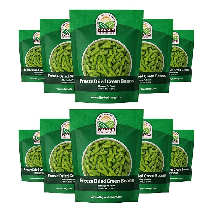 Valley Food Storage Freeze Dried Green Beans | 10-Bag Bucket 28.2 oz | Premium Emergency Food Supply 25 Year Shelf Life | Non-GMO Prepper Food for Camping Cooking &amp Long-Term Storage Packaged
