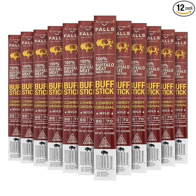 Grass-Fed Buffalo Meat Snack Sticks Cowboy Original Mild by Falls Family Ranches 12 Pack 1.15oz Stick Carton 9g Protein 0g Sugar 70 Calories
