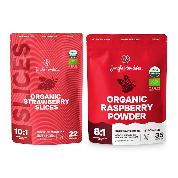 Jungle Powders Freeze Dried Strawberries Organic USDA Certified Strawberry Slices 3.2 Ounce Bag Premium Dry Fruit + Raspberry Powder 5 Ounce Bag USDA Organic Freeze Dried Raspberries