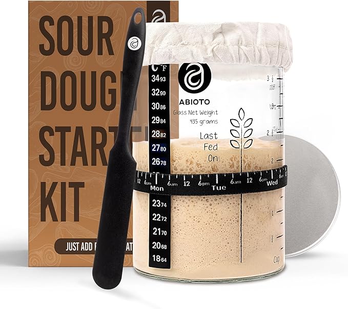 Sourdough Starter Jar Kit Includes 34 oz Sourdough Starter Jar with Metallic Lid Silicone Spatula Feeding Tracker Extra Thermometer Strips &amp Breathable Covers – Sourdough Bread Starter Kit
