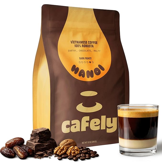 Cafely HaNoi - 100% Robusta Whole Bean Vietnamese Coffee – Dark Roast High Caffeine (Bold &amp Punchy) Thick Crema Low Acid Single Origin Direct Trade For Espresso Phin French Press 12 oz