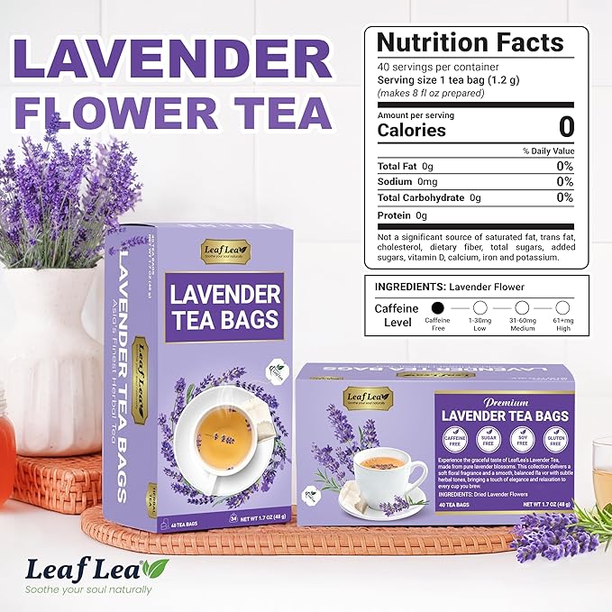 LeafLea 80 Premium Lavender Tea Bags 100% Natural &amp Pure from Lavender Flowers Nighttime Comfort &amp Digestive Support Floral Aroma and Smooth Taste Caffeine-Free Sugar-Free Individually W