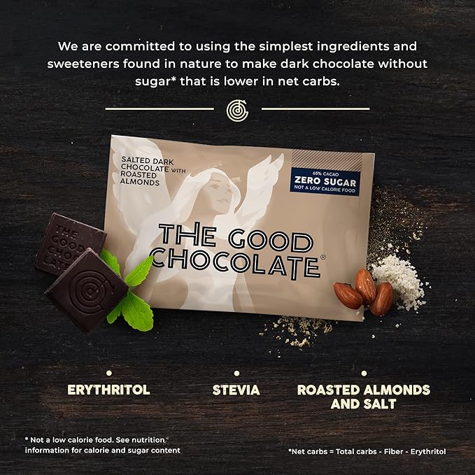 THE GOOD CHOCOLATE - Mini Salted Almonds Chocolate Bars with Zero Sugar &amp Lower Net Carb - Keto Chocolate Bar Offers Lower Calorie Chocolate Candy - All Natural Non-GMO (Pack of 10)