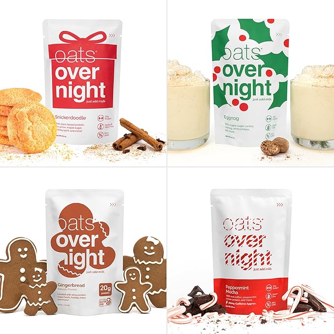 Oats Overnight - Holiday Variety Pack 20g Protein 5g Fiber Breakfast Shake - Gluten Free Non GMO Oatmeal Snickerdoodle Gingerbread &amp More (24 Pack)