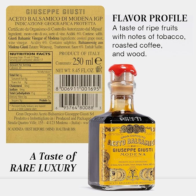 Giusti Balsamic Vinegar of Modena IGP – Extra Thick &amp Rich Aceto Balsamico di Modena Matured in Traditional Aging Casks - 4 Gold Medals Made in Italy in Gift Box - 8.45 fl oz (250 ml) - Pack of