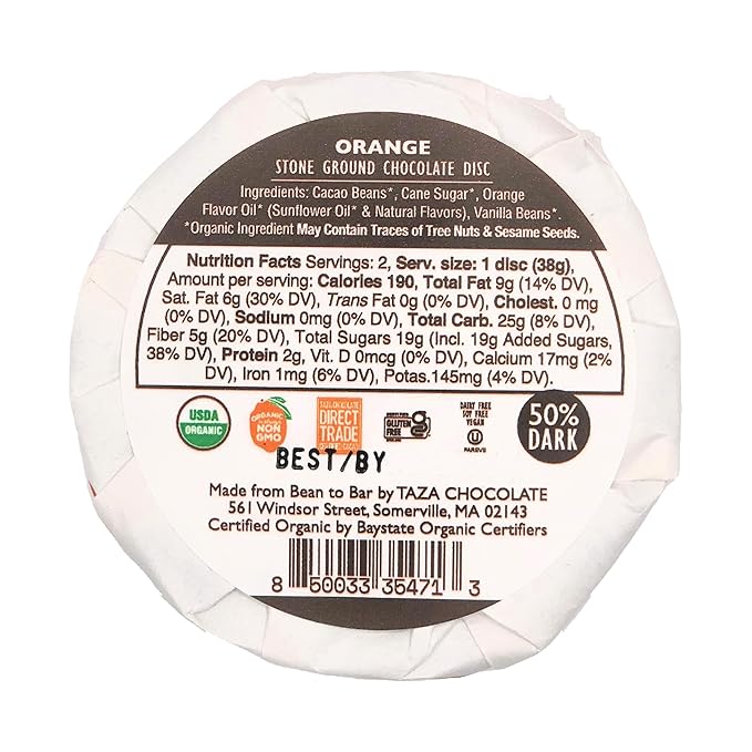 Taza Chocolate Organic Mexican-Style Disc 50% Dark Chocolate Orange 2.7 Ounce (12 Pack) Vegan