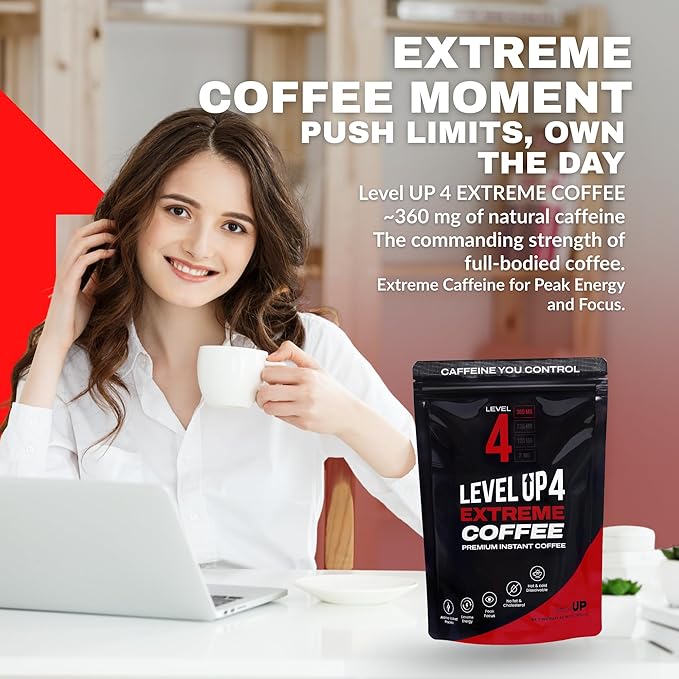 Level Up Premium Decaf Instant Coffee Sugar Free 30 Servings 10.58 oz (L4 - EXTREME 360MG)