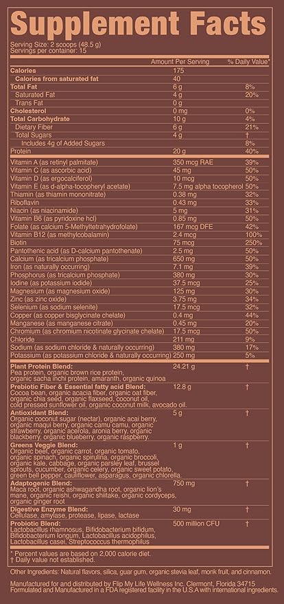 Flip My Life Flip 7 Natural SuperFood Plant-Based Protein Complete Meal Replacement to Support Healthy Gut 7 Mega Nutrient Rich Blends all in one to AGE BETTER - Chocolate