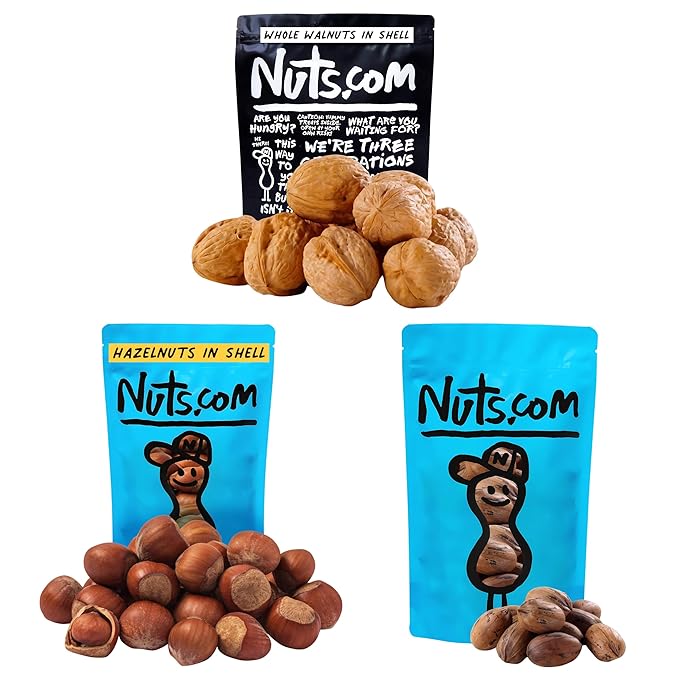 Nuts.com Whole Walnuts 2lb Pecans and Oregon Hazelnuts in Shell 1lb - Gourmet Freshly Harvested Non-GMO for Cooking Baking and Snacking