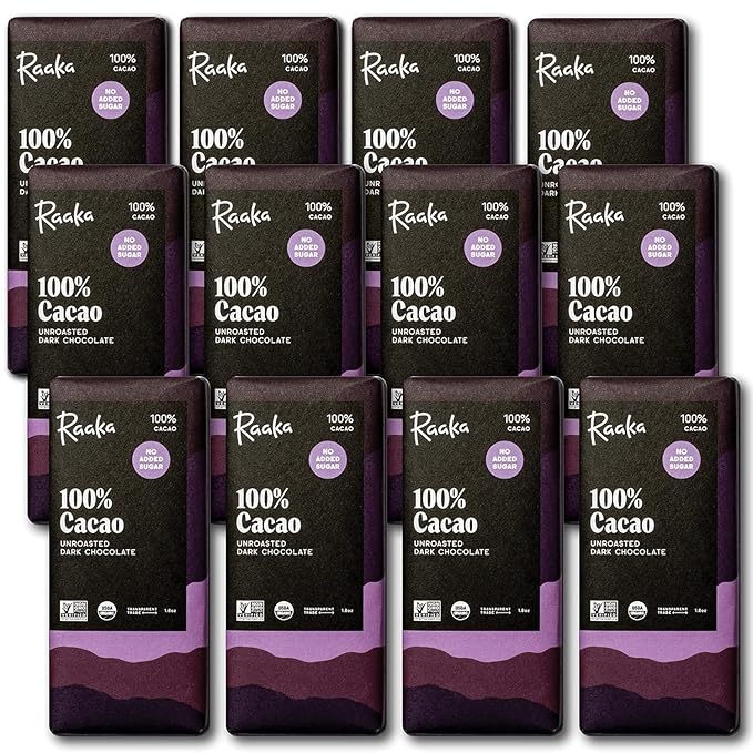 Raaka Chocolate 100% Cacao Sugar Free Dark Chocolate | Gourmet Dark Chocolate Gift | Organic Vegan Fair Trade Soy Free Non GMO Gluten Free Kosher Keto Paleo | 1.8oz Bars 12-Pack