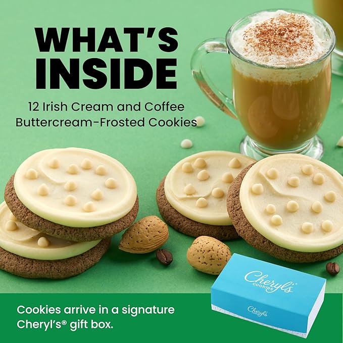 Cheryl's Cookies® Irish Cream and Coffee Buttercream-Frosted Cookie Flavor Box 12 Cookies Individually Wrapped Gourmet &amp Fresh Delivery – St. Patrick's Day Gift for Loved Ones Family Friends