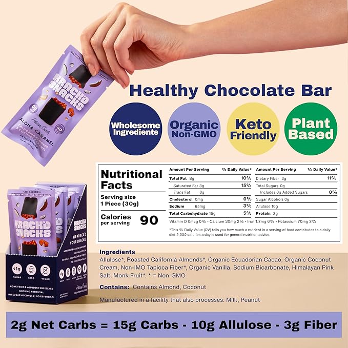 Krack’d Snacks Keto Chocolate Snack Bars - Low Carb Vegan Chocolate with Almonds and Coconut Caramel - Gluten Free Sugar Free (Dark Chocolate Aloha Caramel 5 Pk)