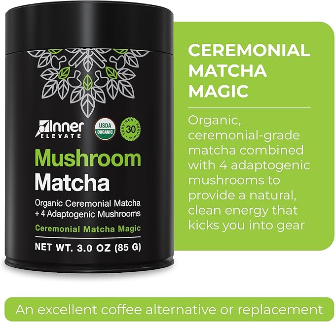 Inner Elevate Mushroom Matcha - Organic Ceremonial-Grade Matcha Powder with 4 Superfood Mushrooms - Adaptogenic Mushroom Tea Drink with Lion's Mane Cordyceps Turkey Tail Reishi (30 Servings)