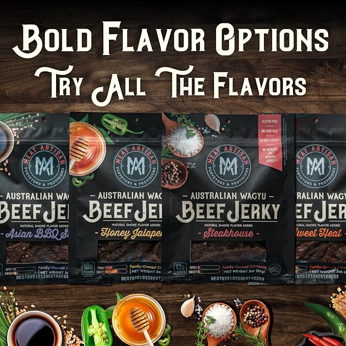 Meat Artisan Jerky Variety Pack - Wagyu Beef (4 Flavors) &amp Applewood Bacon High Protein Snack - Gluten Free No MSG - Steakhouse Jalapeño BBQ Sweet Heat &amp Applewood Bacon - 3oz (85g) Each P