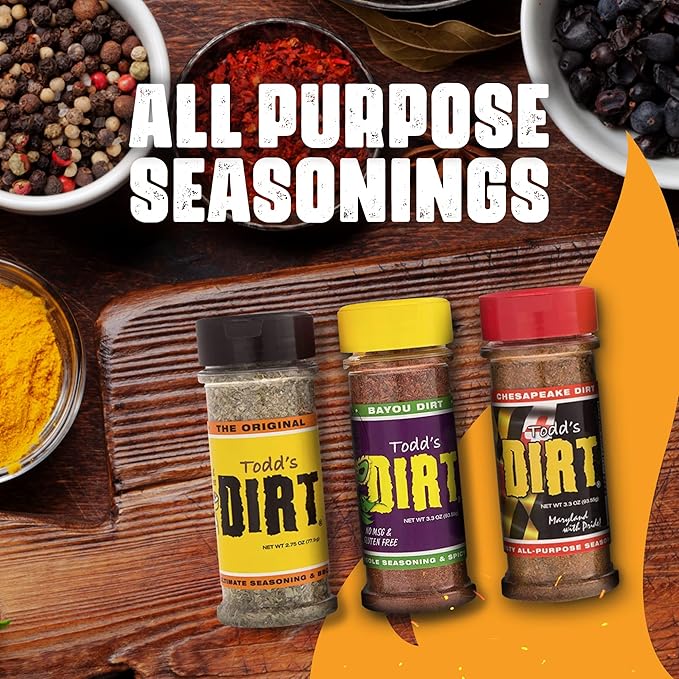 Todd’s DIRT - All Purpose Seasoning &amp BBQ Rub 3 Pack Sampler Set Gourmet Seasonings and Rub that’s GREAT ON EVERYTHING 100% All Natural with No MSG &amp Gluten-Free