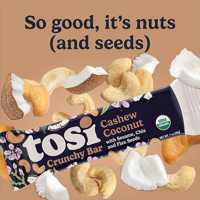 Tosi Nut Bars Cashew Coconut Healthy Snacks for Adults &amp Kids Plant Based Crunchy Bars (6G Protein) Organic Keto Snacks Vegan Gluten &amp Soy Free Low Sugar Omega 3s 1oz 12-Pack