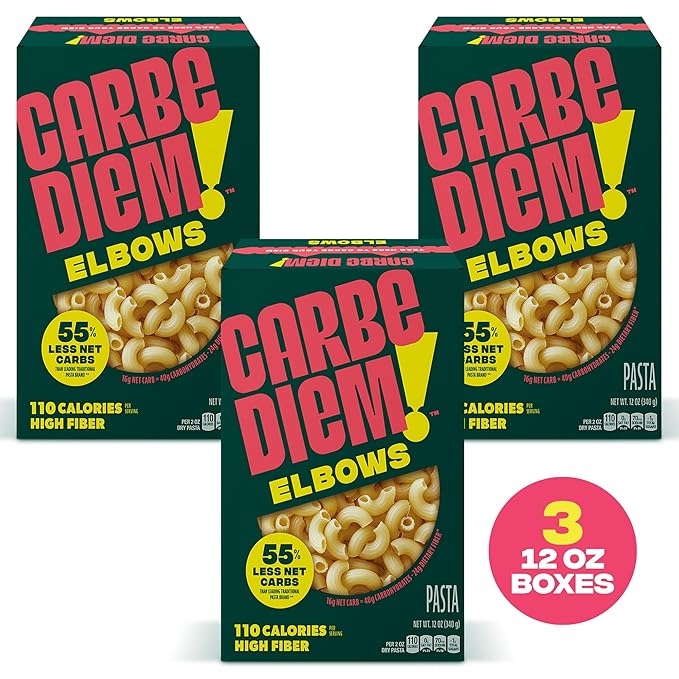 Carbe Diem! Penne &amp Elbow Bundle Lower Net Carb Pasta with Traditional Flavor &amp Texture 8 grams of Protein 55% Fewer Net Carbs &amp Only 110 Calories Per Serving 2 Packs of 3